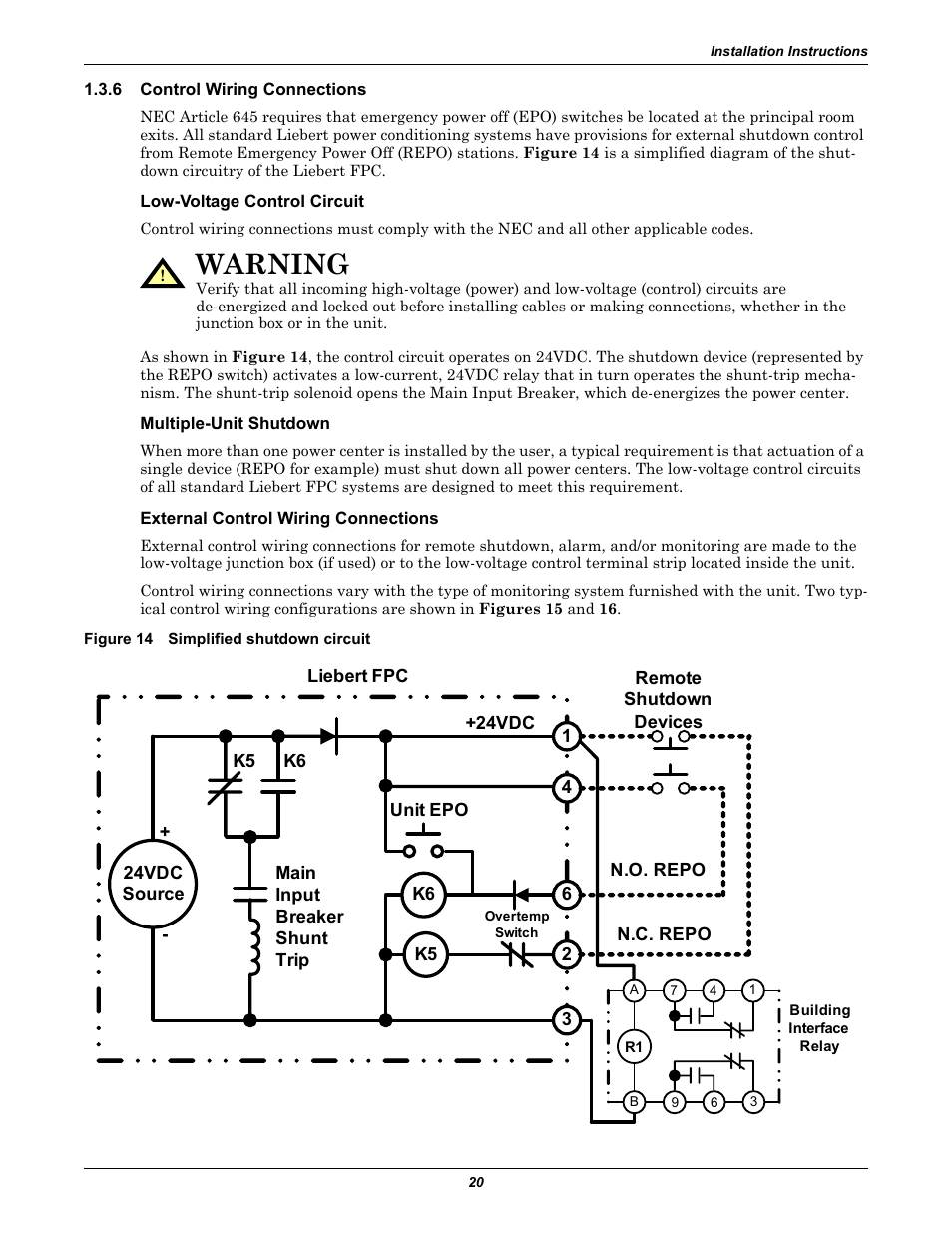 6 control wiring connections, Low-voltage control circuit, Multiple-unit shutdown | External control wiring connections, Figure 14 simplified shutdown circuit, Control wiring connections, Warning | Emerson Liebert FPC User Manual | Page 24 / 40