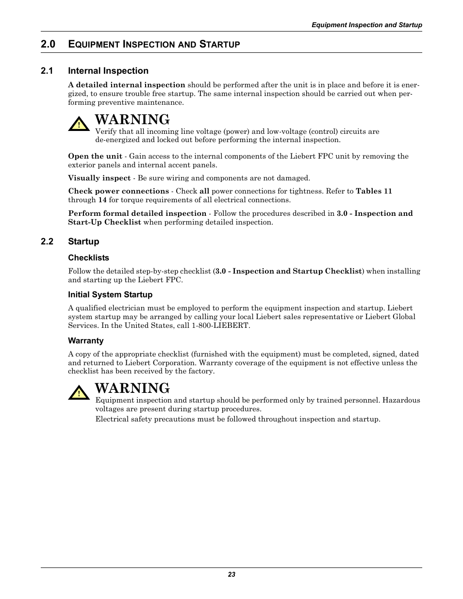 0 equipment inspection and startup, 1 internal inspection, 2 startup | Checklists, Initial system startup, Warranty, Quipment, Nspection, Tartup, Internal inspection | Emerson Liebert FPC User Manual | Page 27 / 40