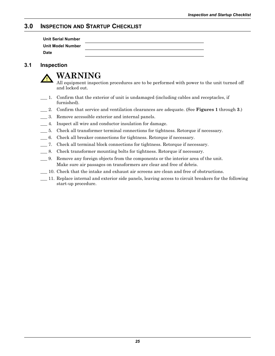 0 inspection and startup checklist, 1 inspection, Nspection | Tartup, Hecklist, Inspection, Warning | Emerson Liebert FPC User Manual | Page 29 / 40