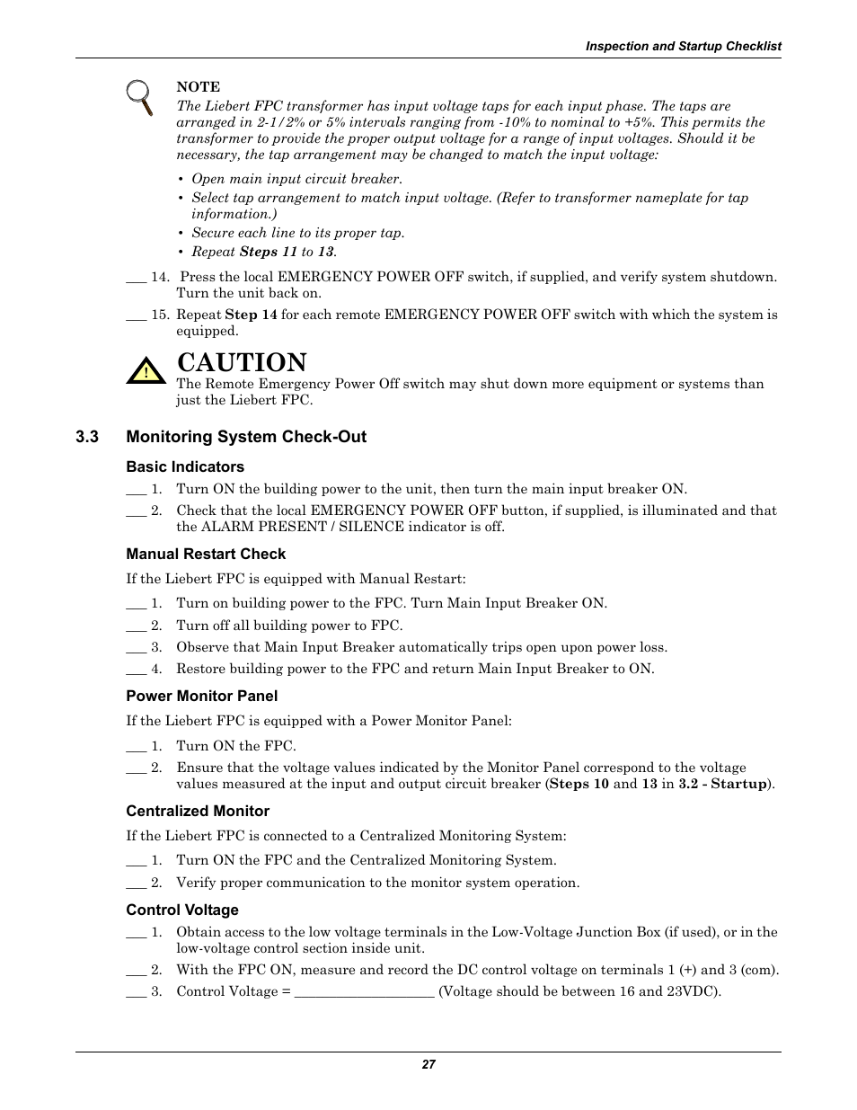 3 monitoring system check-out, Basic indicators, Manual restart check | Power monitor panel, Centralized monitor, Control voltage, Monitoring system check-out, Caution | Emerson Liebert FPC User Manual | Page 31 / 40