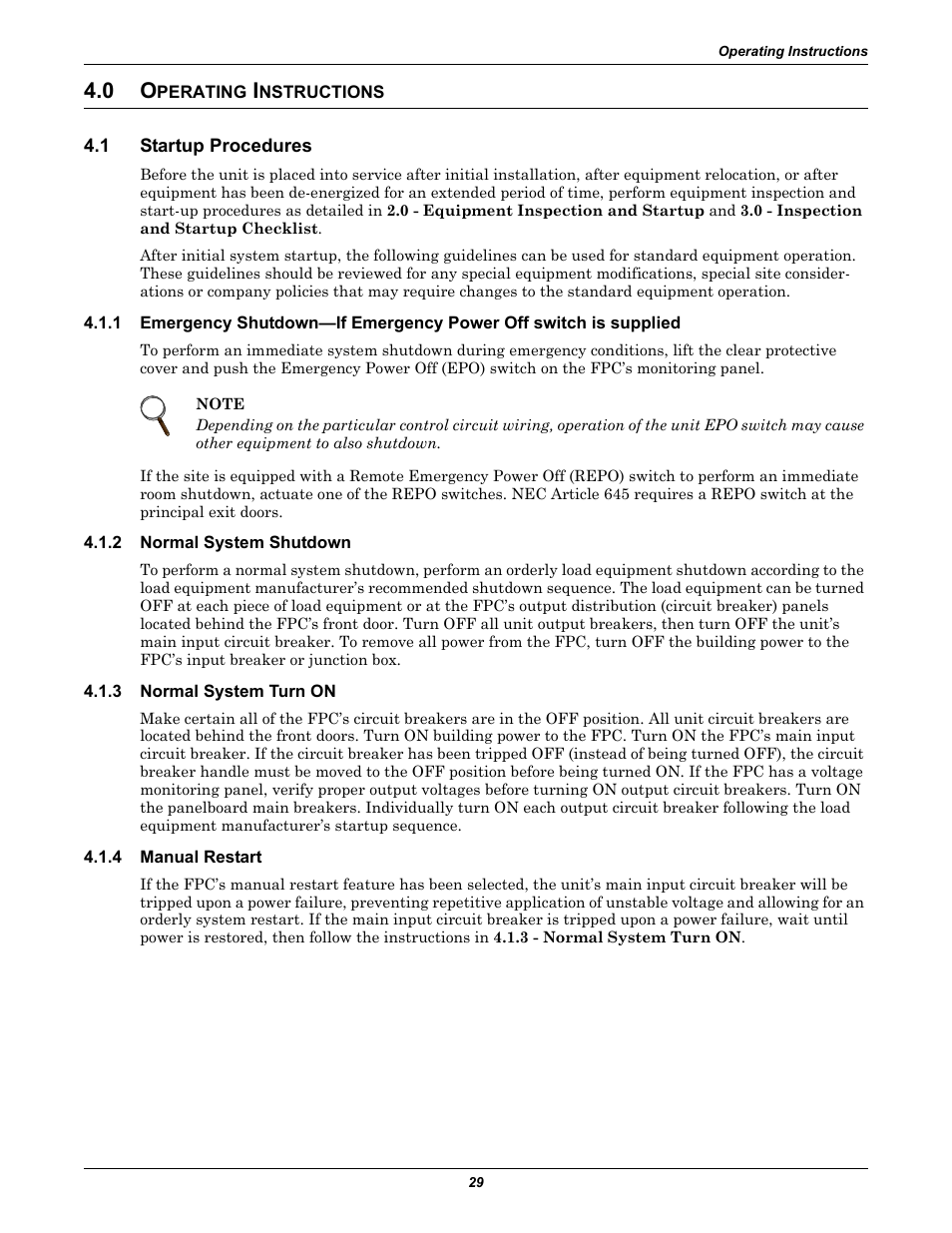 0 operating instructions, 1 startup procedures, 2 normal system shutdown | 3 normal system turn on, 4 manual restart, Perating, Nstructions, Startup procedures, Normal system shutdown, Normal system turn on | Emerson Liebert FPC User Manual | Page 33 / 40