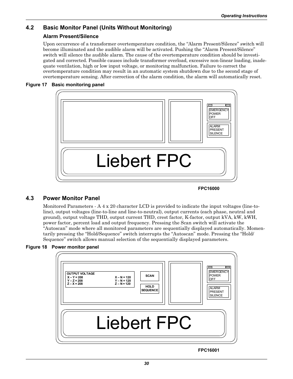 2 basic monitor panel (units without monitoring), Alarm present/silence, Figure 17 basic monitoring panel | 3 power monitor panel, Figure 18 power monitor panel, Basic monitor panel (units without monitoring), Power monitor panel, Liebert fpc | Emerson Liebert FPC User Manual | Page 34 / 40