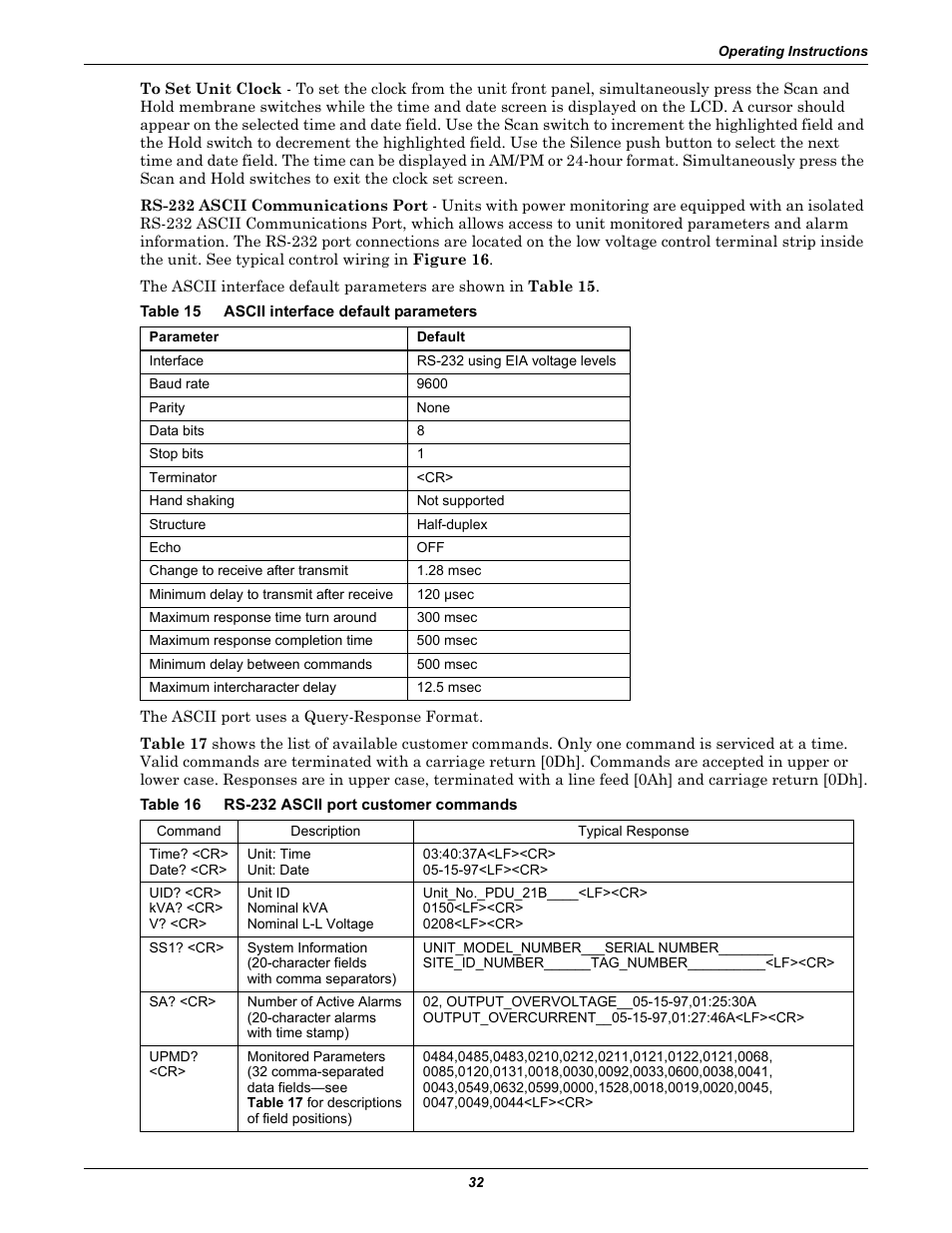 Table 15 ascii interface default parameters, Table 16 rs-232 ascii port customer commands, Table 15 | Ascii interface default parameters, Table 16, Rs-232 ascii port customer commands | Emerson Liebert FPC User Manual | Page 36 / 40