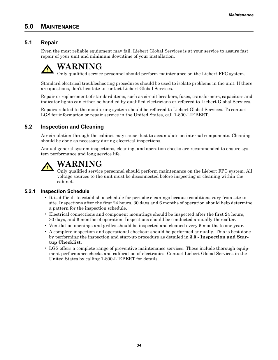 0 maintenance, 1 repair, 2 inspection and cleaning | 1 inspection schedule, Aintenance, Repair, Inspection and cleaning, Inspection schedule, Warning | Emerson Liebert FPC User Manual | Page 38 / 40