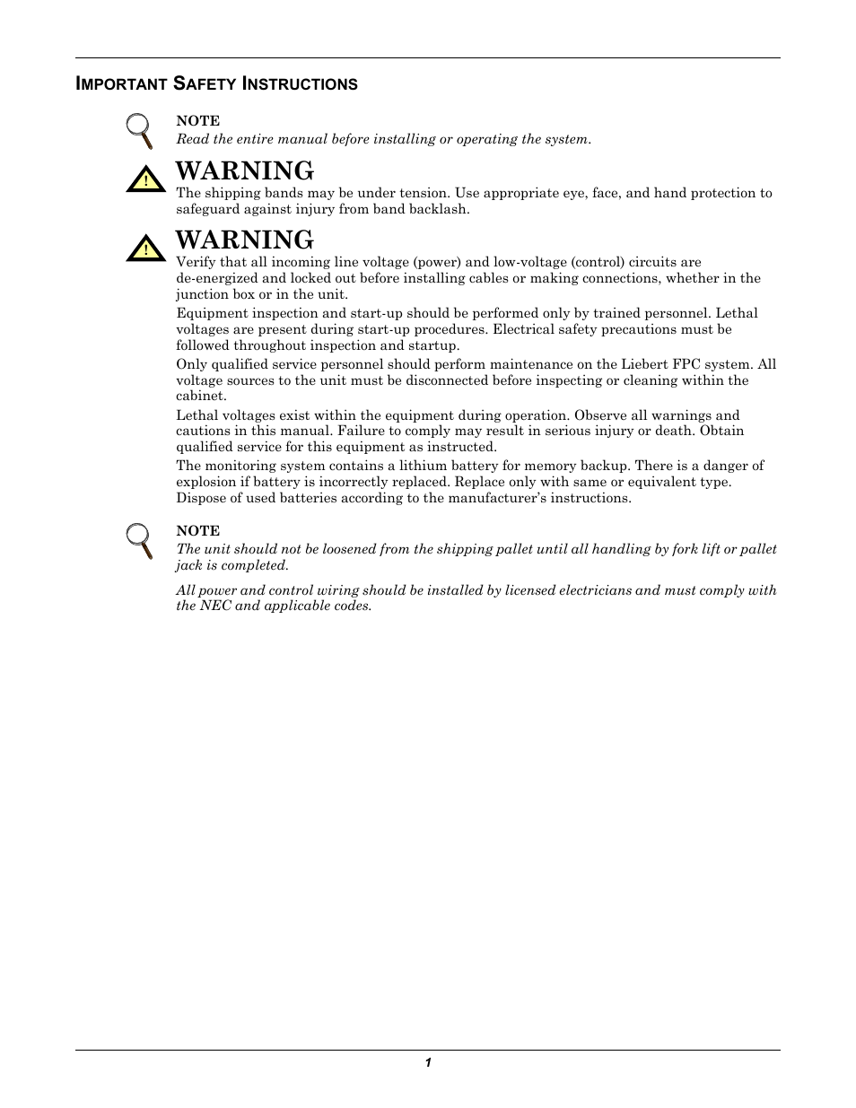Important safety instructions, Warning | Emerson Liebert FPC User Manual | Page 5 / 40