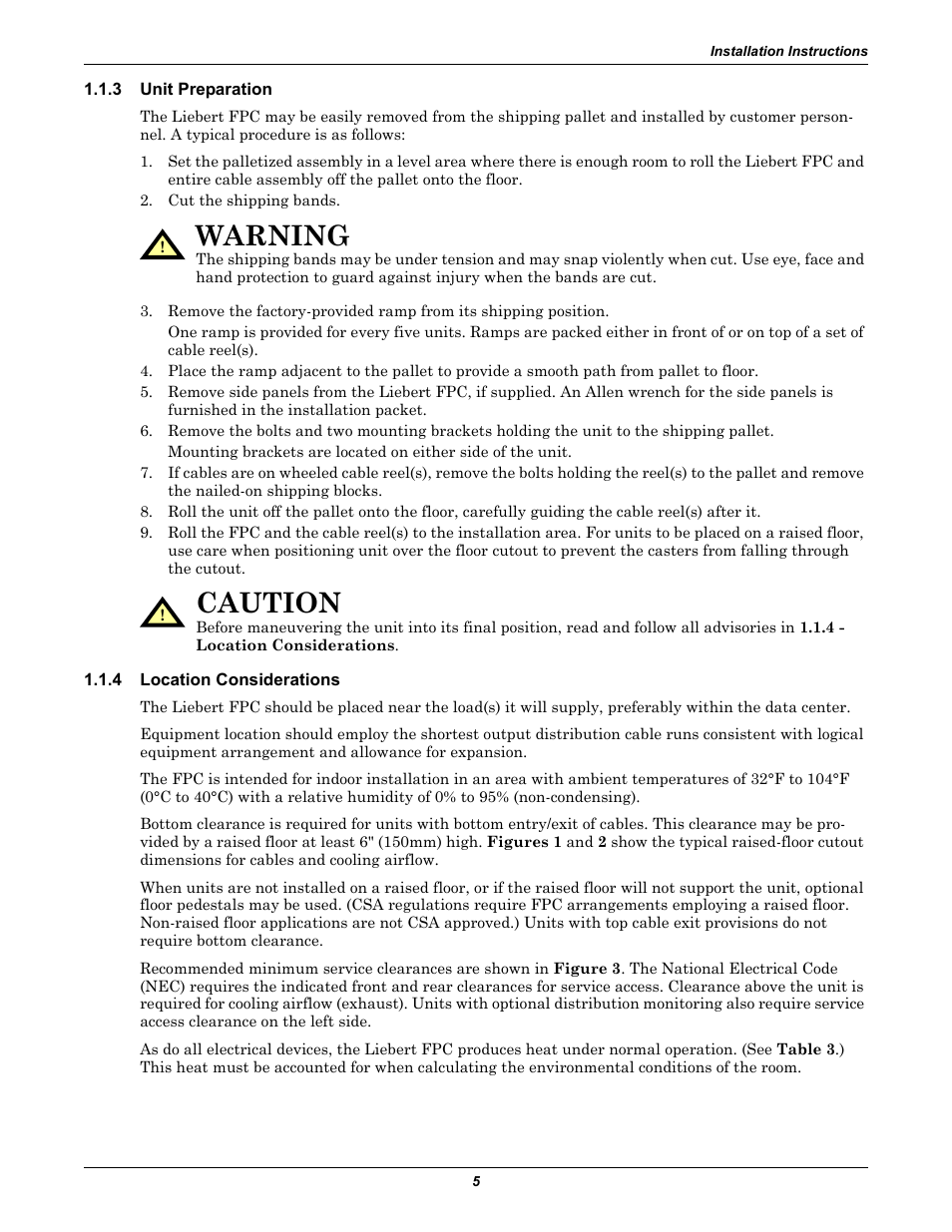 3 unit preparation, 4 location considerations, Unit preparation | Location considerations, Warning, Caution | Emerson Liebert FPC User Manual | Page 9 / 40