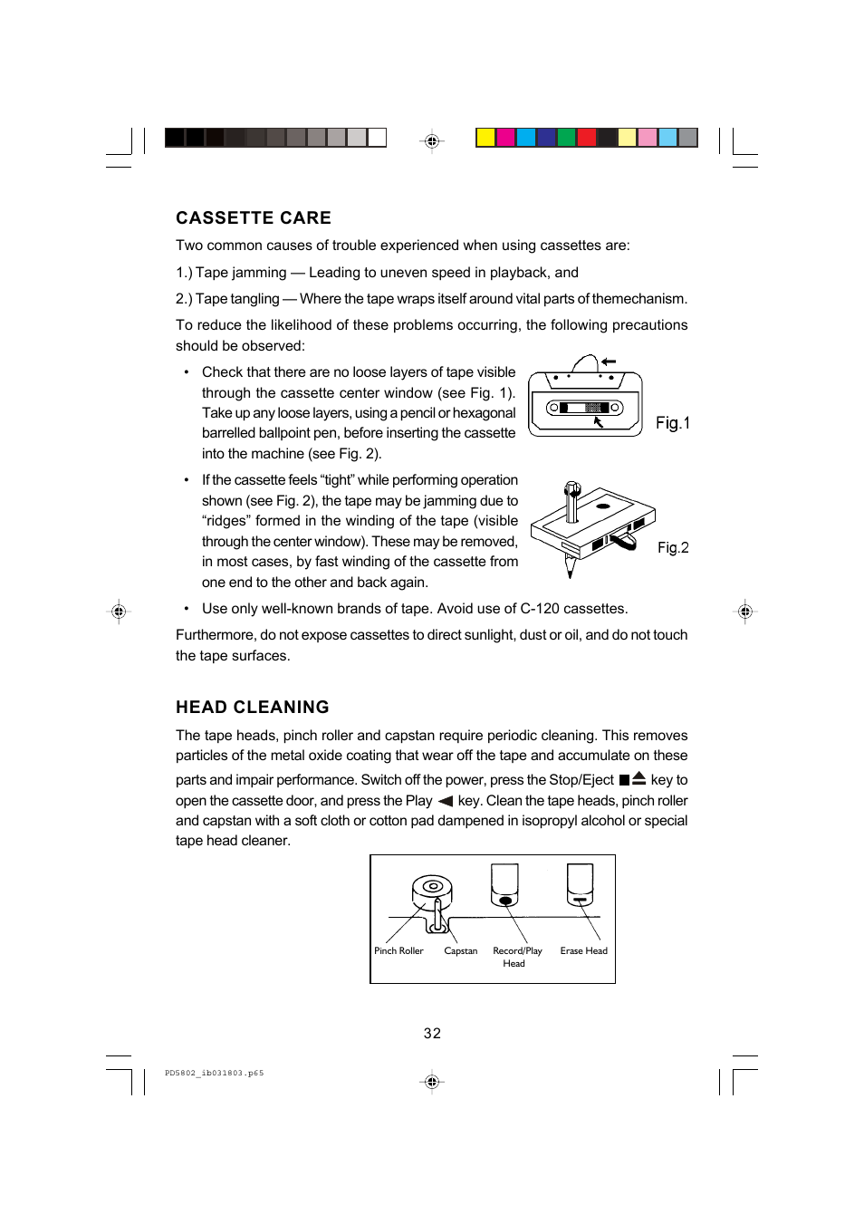 Cassette care, Head cleaning | Emerson Radio PD5802 User Manual | Page 33 / 36