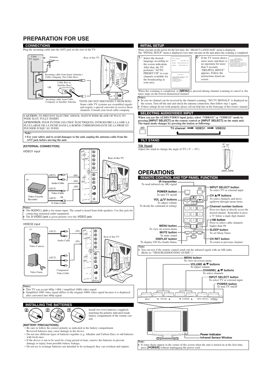 Preparation for use, Operations, Power menu volume channel input select power | Emerson EWL20S5 User Manual | Page 2 / 8