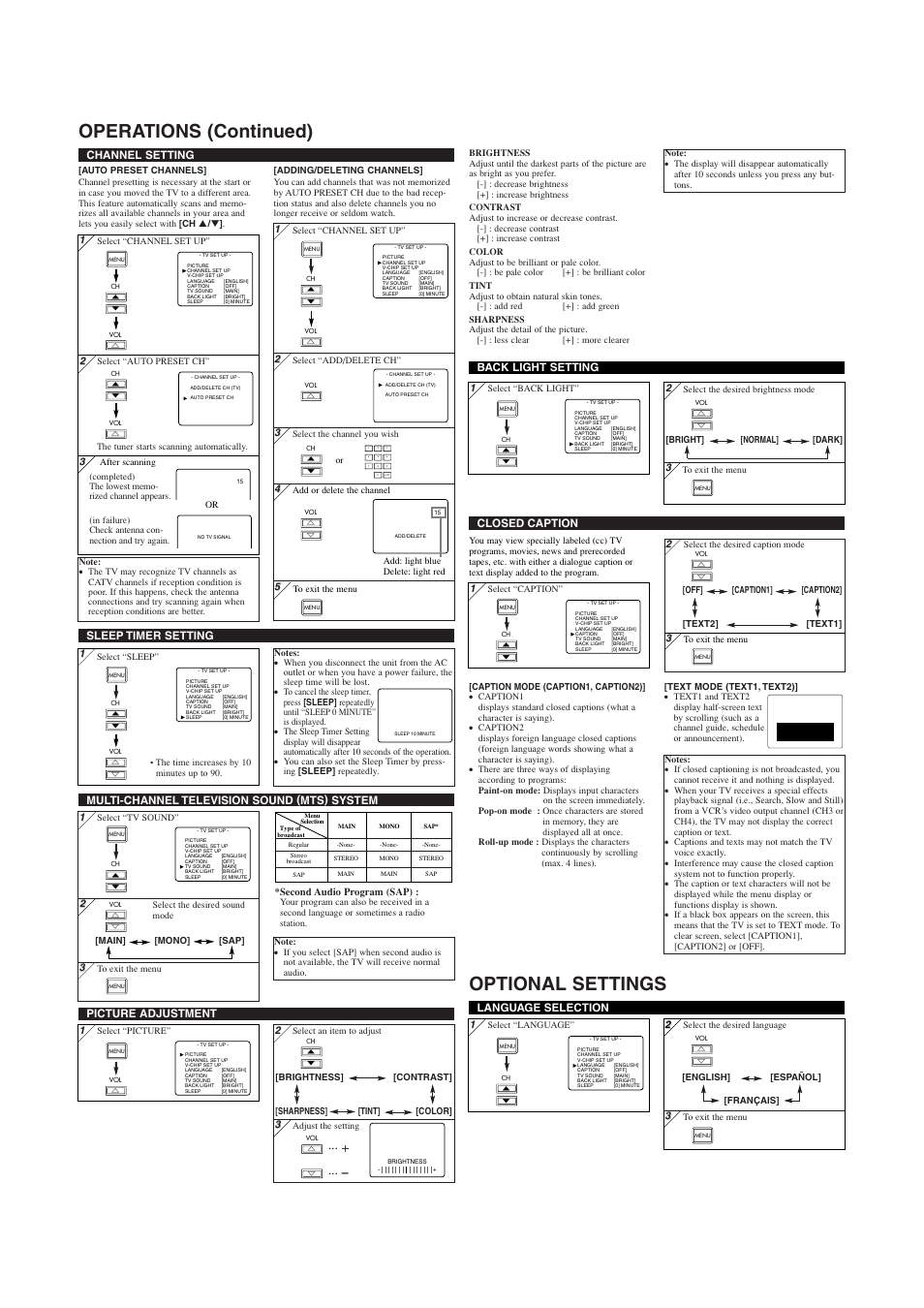 Operations (continued) optional settings, Picture adjustment, Channel setting | Language selection, Multi-channel television sound (mts) system, Sleep timer setting, Closed caption back light setting | Emerson EWL20S5 User Manual | Page 3 / 8