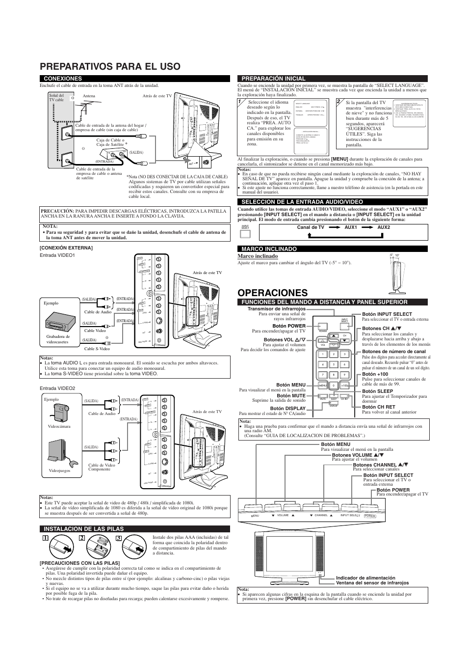 Preparativos para el uso, Operaciones, Power menu volume channel input select power | Emerson EWL20S5 User Manual | Page 6 / 8