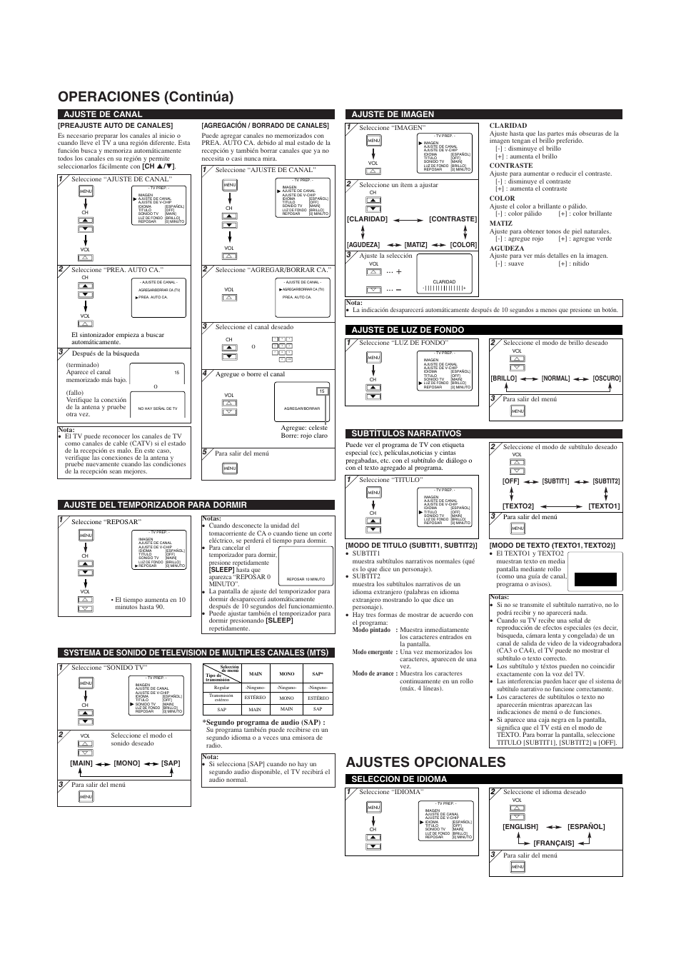 Operaciones (continúa) ajustes opcionales, Ajuste de imagen, Ajuste de canal | Seleccion de idioma, Subtítulos narrativos | Emerson EWL20S5 User Manual | Page 7 / 8