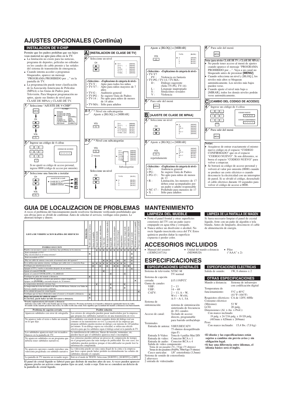 Accesorios incluidos, Especificaciones generales, Especificaciones electricas | Otras especificaciones, Limpieza del mueble, Limpieza de la pantalla de imagen, Instalacion de v-chip | Emerson EWL20S5 User Manual | Page 8 / 8