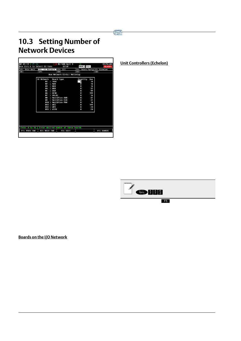 3 setting number of network devices, Boards on the i/o network, Unit controllers (echelon) | Etting, Umber, Etwork, Evices | Emerson E2 User Manual | Page 114 / 273