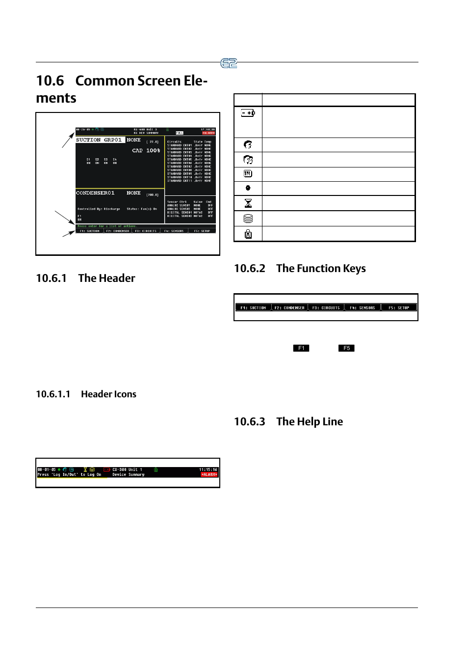 6 common screen elements, 1 the header, 1 header icons | 2 the function keys, 3 the help line, Ommon, Creen, Lements, 1 the header -4, 1 header icons -4 | Emerson E2 User Manual | Page 116 / 273