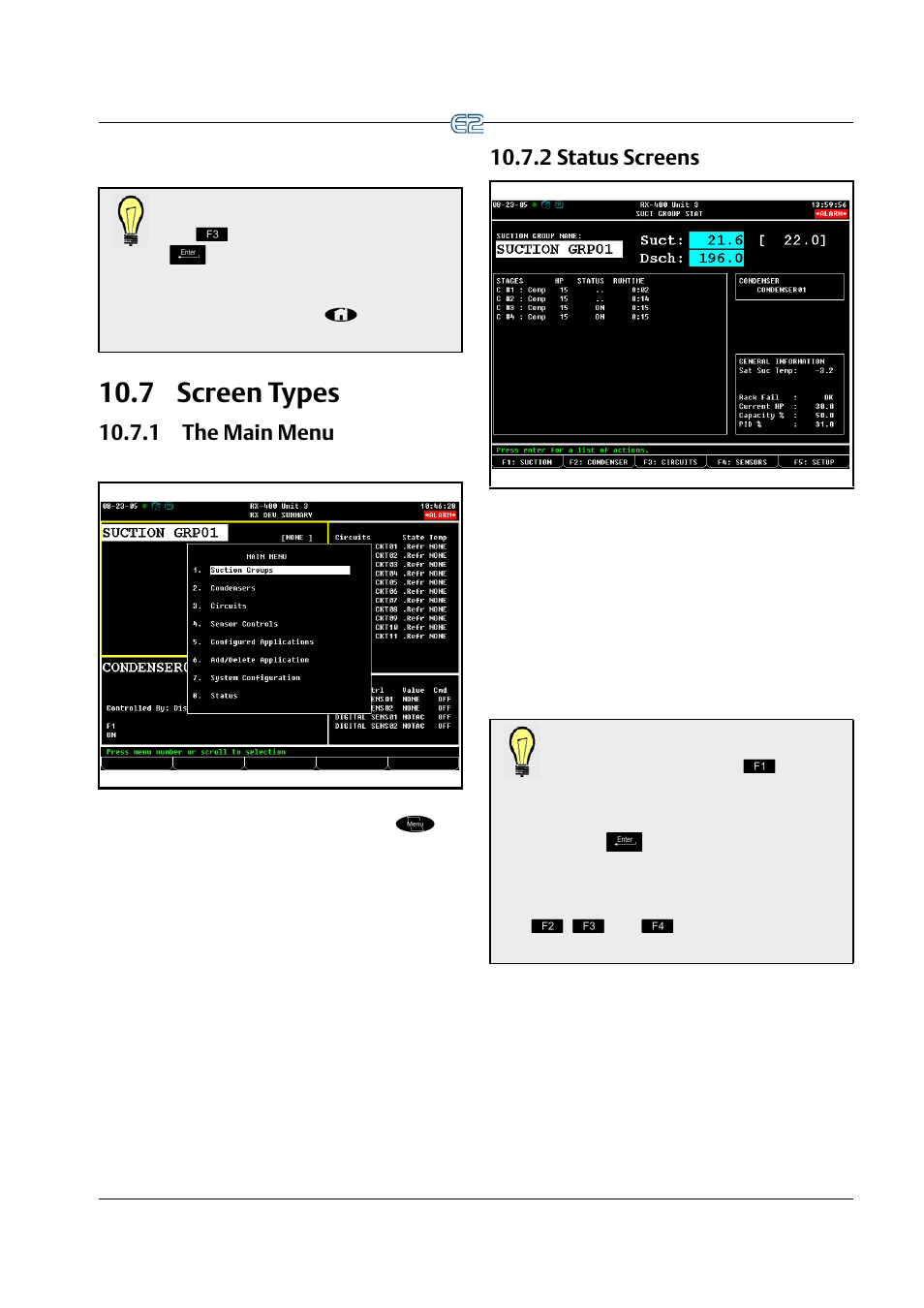 7 screen types, 1 the main menu, 2 status screens | Creen, Ypes, 1 the main menu -5 10.7.2 status screens -5 | Emerson E2 User Manual | Page 117 / 273