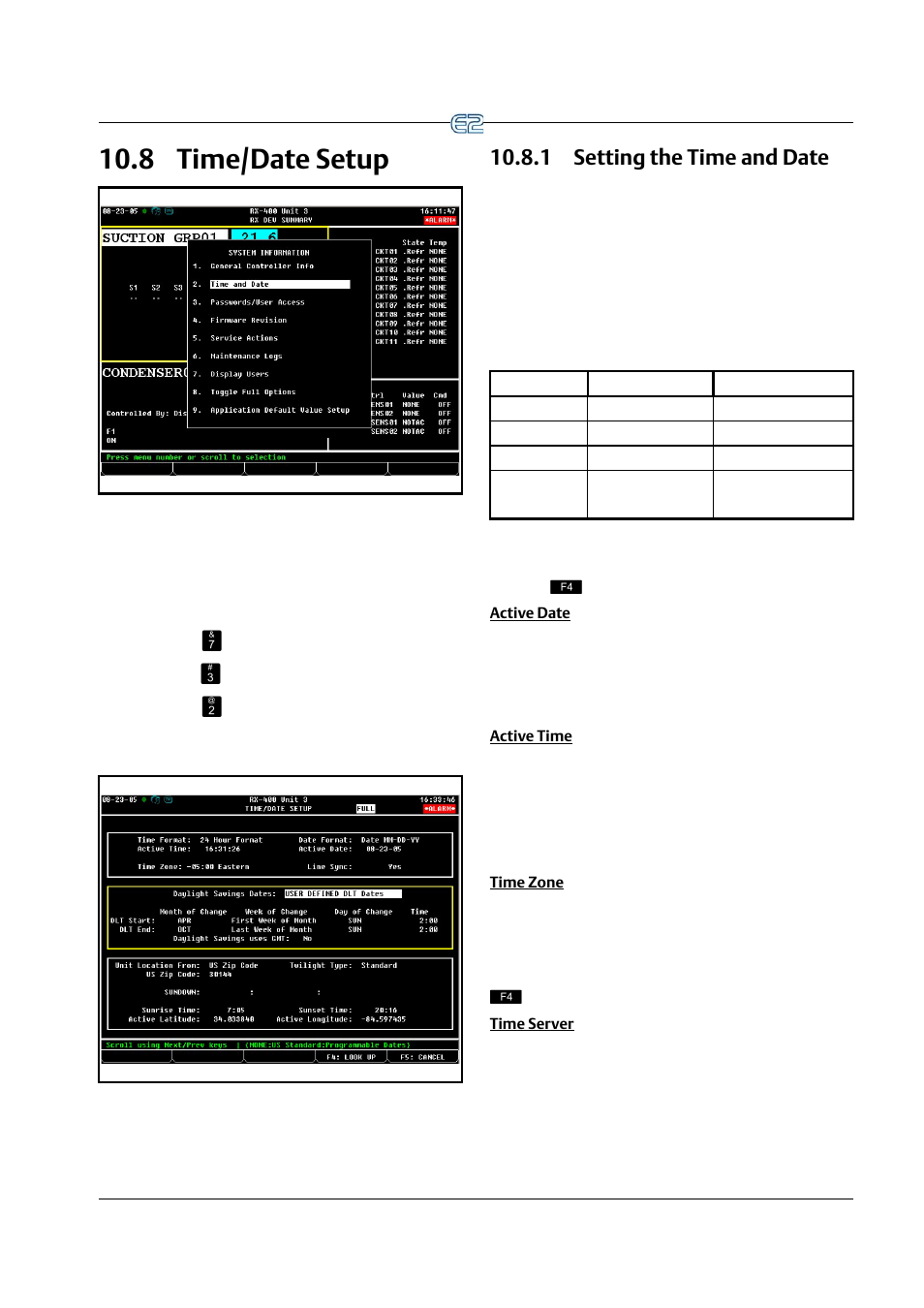 8 time/date setup, 1 setting the time and date, Active date | Active time, Time zone, Time server, Etup, 1 setting the time and date -9 | Emerson E2 User Manual | Page 121 / 273