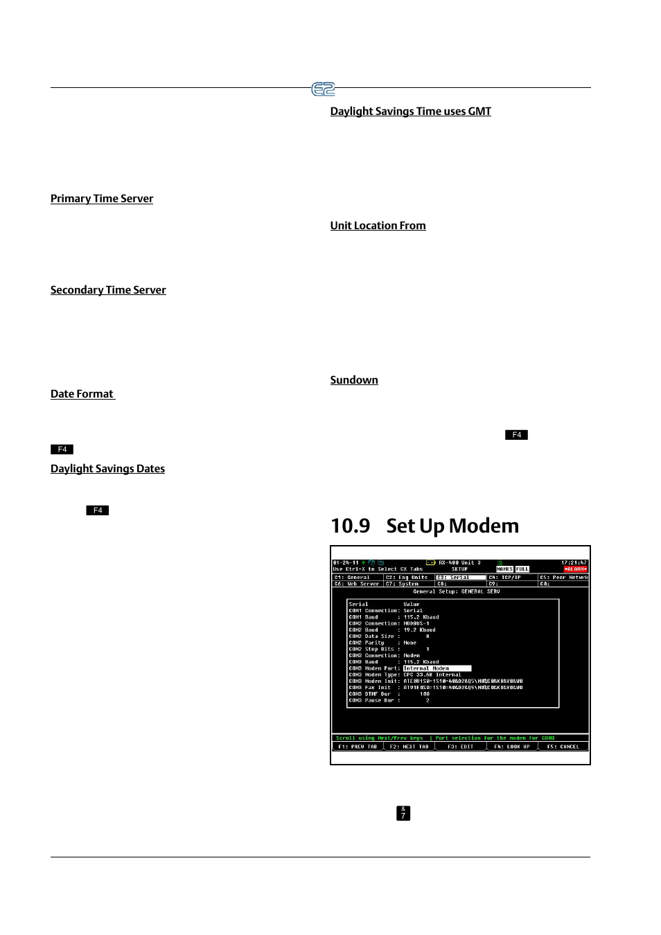 Primary time server, Secondary time server, Date format | Daylight savings dates, Daylight savings time uses gmt, Unit location from, Sundown, 9 set up modem, Odem | Emerson E2 User Manual | Page 122 / 273