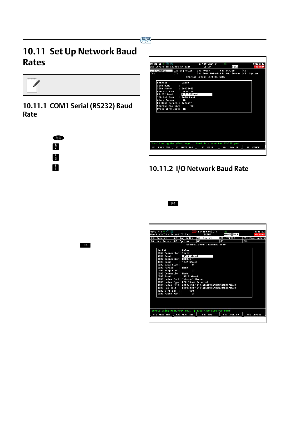 11 set up network baud rates, 1 com1 serial (rs232) baud rate, 2 i/o network baud rate | 11 s, Etwork, Ates | Emerson E2 User Manual | Page 124 / 273