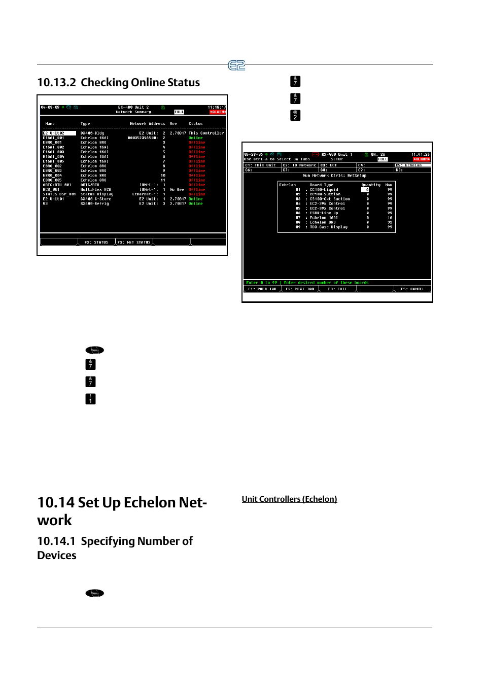 2 checking online status, 14 set up echelon network, 1 specifying number of devices | Unit controllers (echelon), 2 checking online status -16, 14 s, Chelon, Etwork, 1 specifying number of devices -16, 14 set up echelon net- work | Emerson E2 User Manual | Page 128 / 273