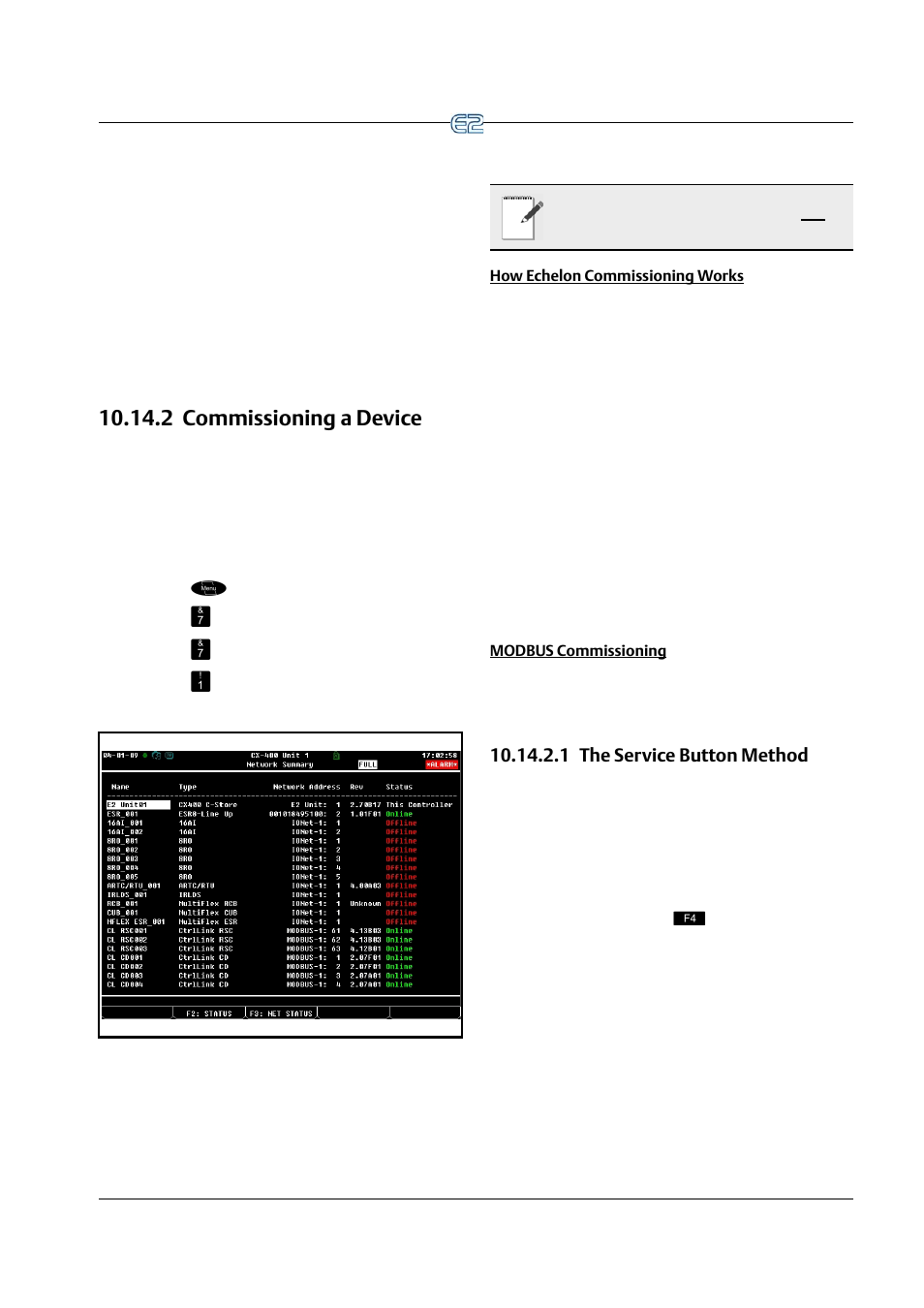 2 commissioning a device, How echelon commissioning works, Modbus commissioning | 1 the service button method, 2 commissioning a device -17, 1 the service button method -17 | Emerson E2 User Manual | Page 129 / 273