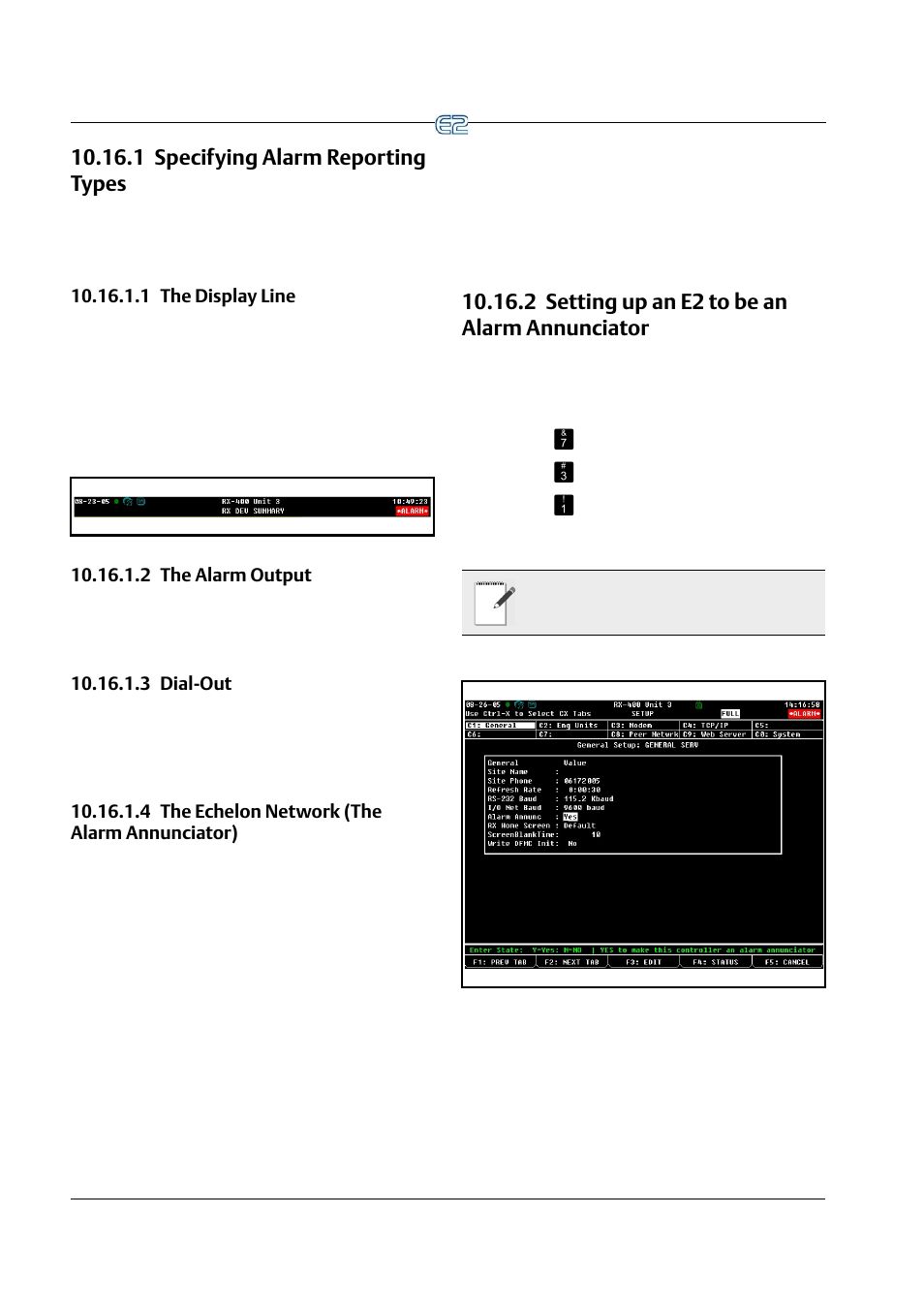 1 specifying alarm reporting types, 1 the display line, 2 the alarm output | 3 dial-out, 4 the echelon network (the alarm annunciator), 2 setting up an e2 to be an alarm annunciator, 1 specifying alarm reporting types -22, 2 setting up an e2 to be an alarm annunciator -22 | Emerson E2 User Manual | Page 134 / 273