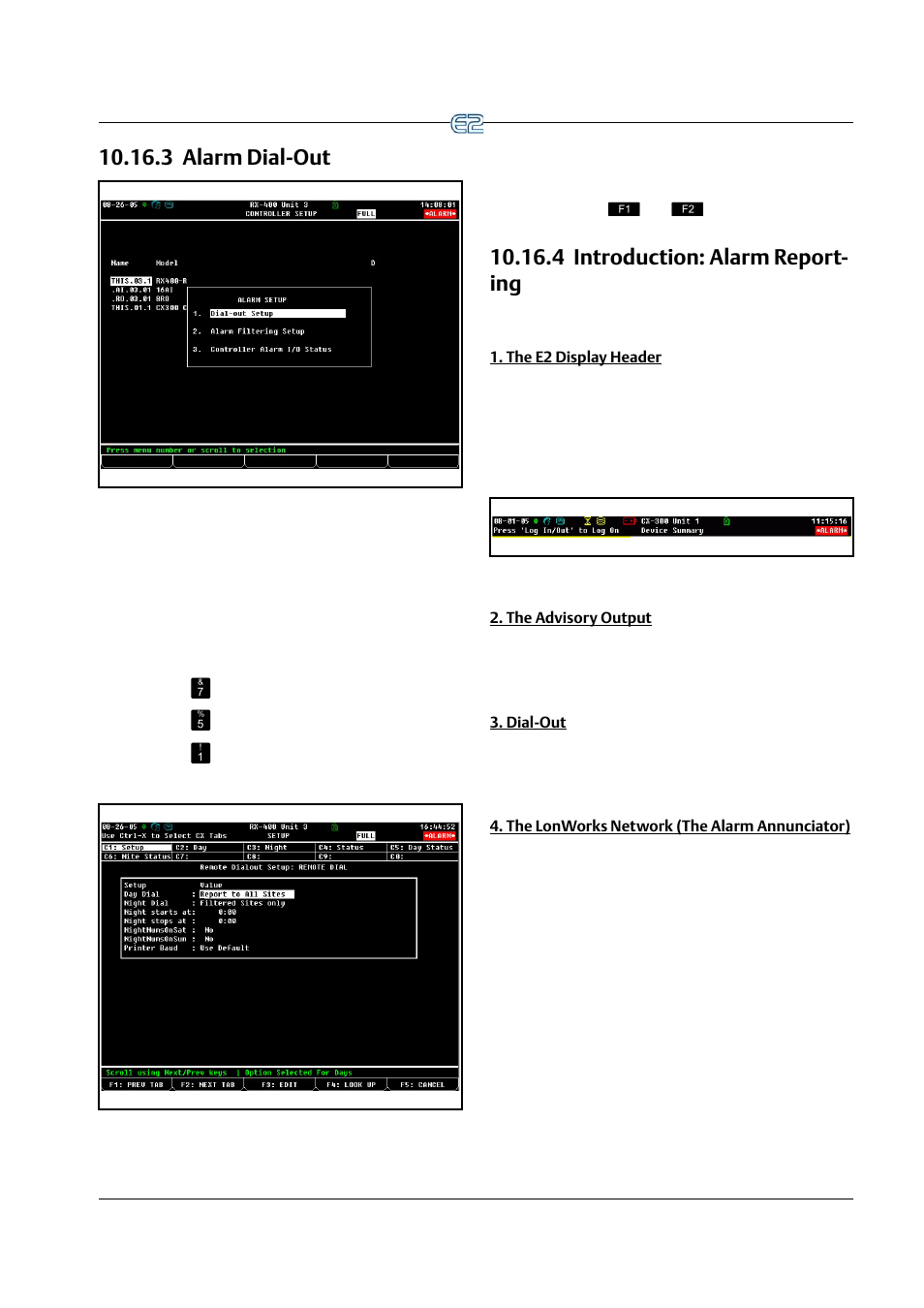 3 alarm dial-out, 4 introduction: alarm reporting, The e2 display header | The advisory output, Dial-out, The lonworks network (the alarm annunciator), 4 introduction: alarm report- ing | Emerson E2 User Manual | Page 135 / 273