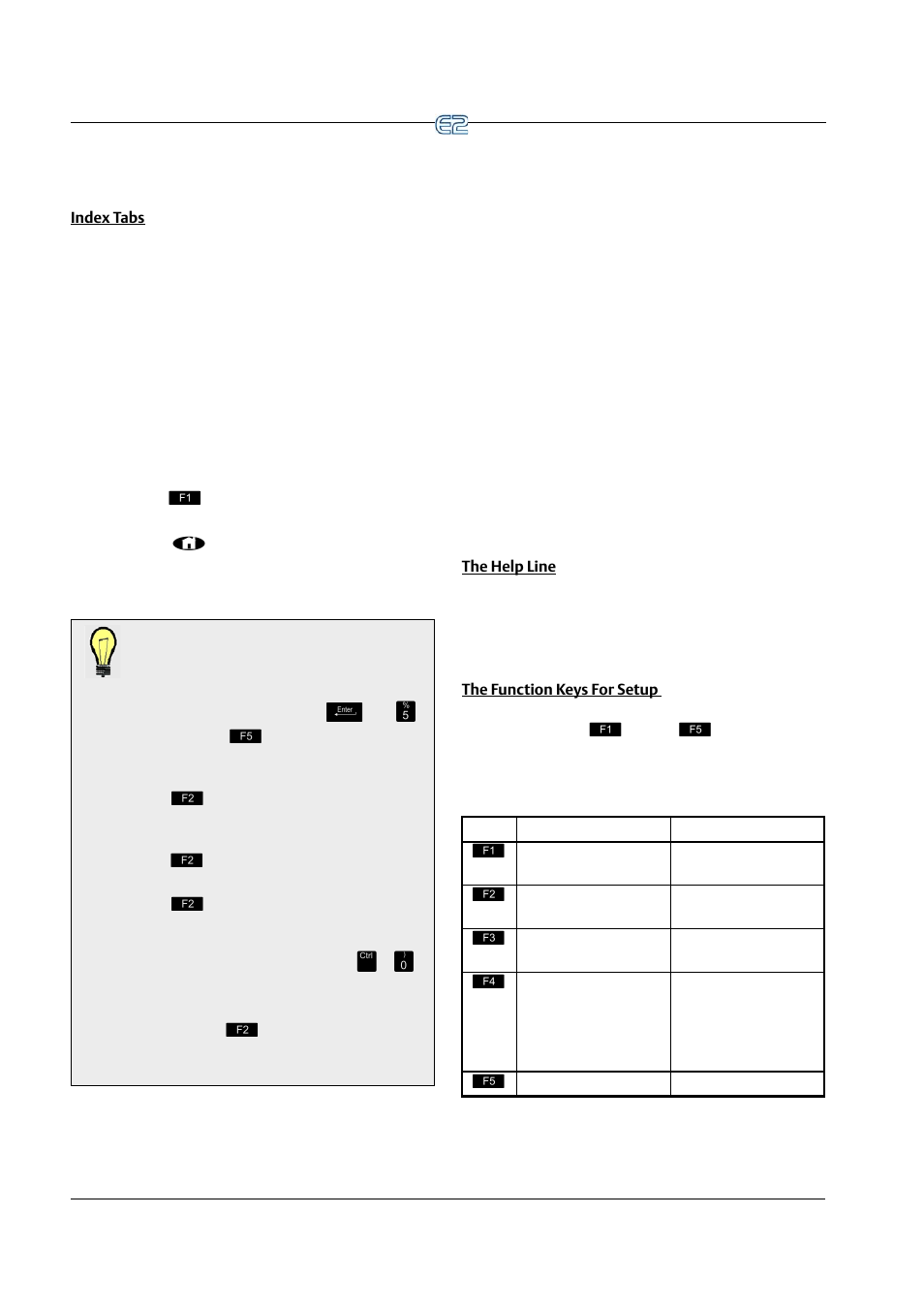 Index tabs, The help line, The function keys for setup | Emerson E2 User Manual | Page 140 / 273