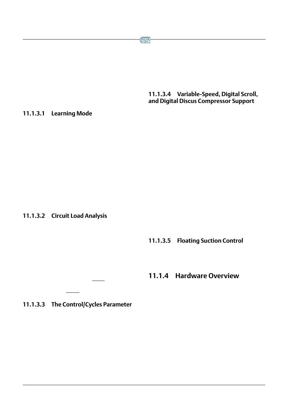 1 learning mode, 2 circuit load analysis, 3 the control/cycles parameter | 5 floating suction control, 4 hardware overview, 4 hardware overview -2 | Emerson E2 User Manual | Page 144 / 273