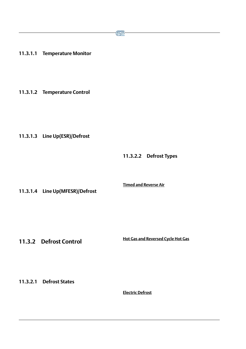 1 temperature monitor, 2 temperature control, 3 line up(esr)/defrost | 4 line up(mfesr)/defrost, 2 defrost control, 1 defrost states, 2 defrost types, Timed and reverse air, Hot gas and reversed cycle hot gas, Electric defrost | Emerson E2 User Manual | Page 148 / 273