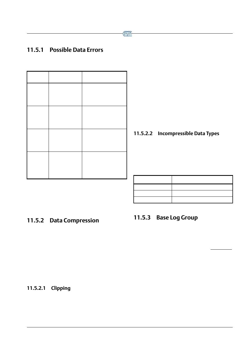 1 possible data errors, 2 data compression, 1 clipping | 2 incompressible data types, 3 base log group, 3 base log group -17 | Emerson E2 User Manual | Page 159 / 273