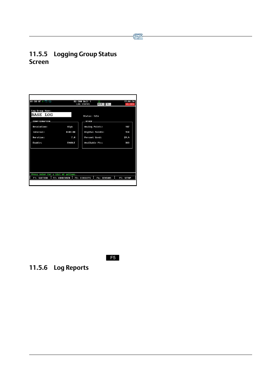 5 logging group status screen, 6 log reports | Emerson E2 User Manual | Page 161 / 273