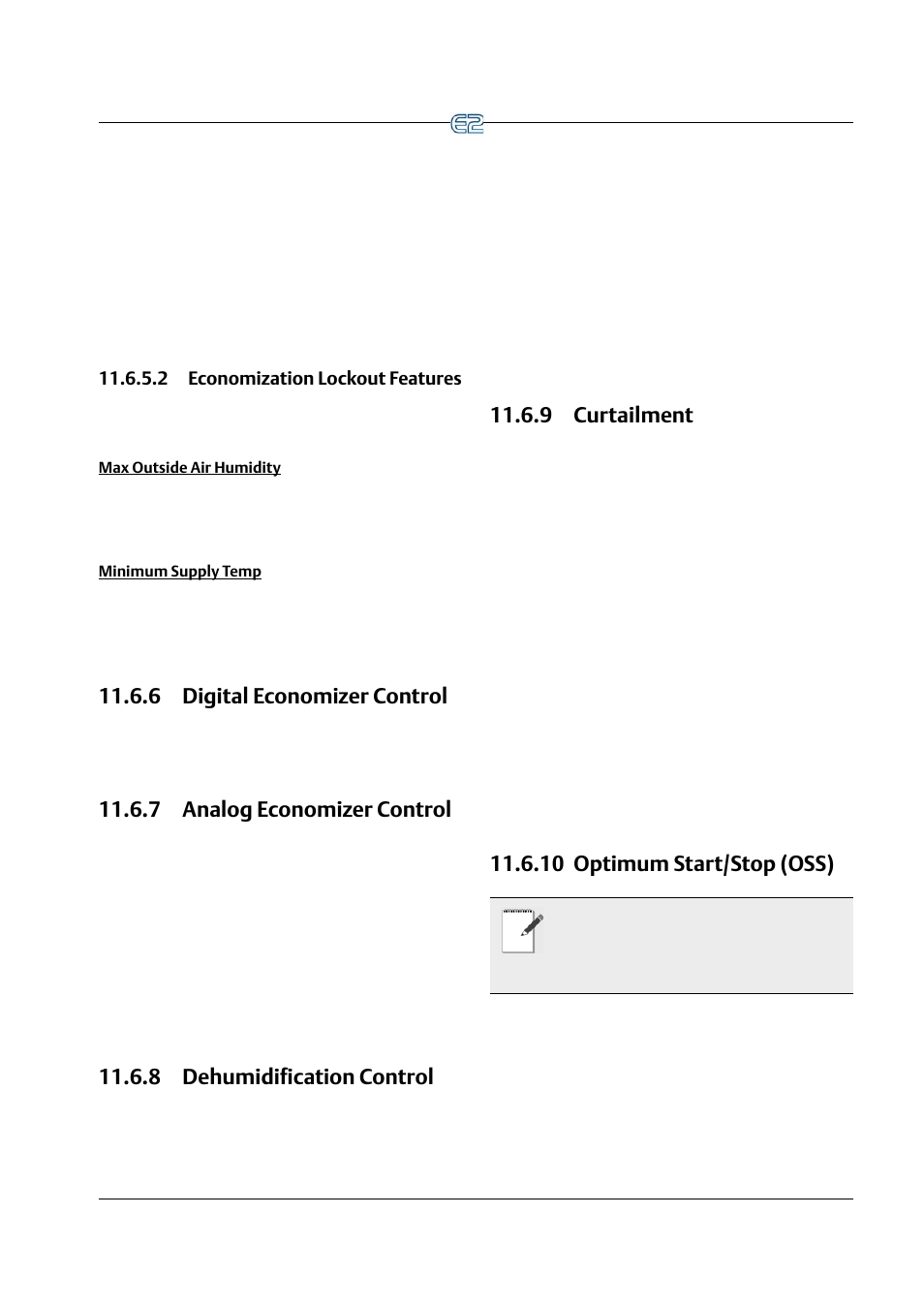 2 economization lockout features, Max outside air humidity, Minimum supply temp | 6 digital economizer control, 7 analog economizer control, 8 dehumidification control, 9 curtailment, 10 optimum start/stop (oss), 2 economization lockout features -23 | Emerson E2 User Manual | Page 165 / 273