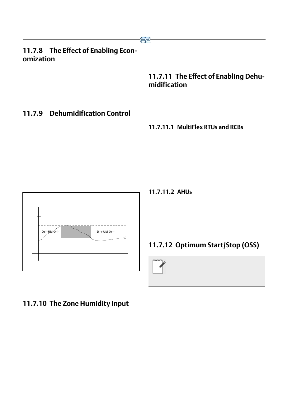 8 the effect of enabling economization, 9 dehumidification control, 10 the zone humidity input | 11 the effect of enabling dehumidification, 1 multiflex rtus and rcbs, 2 ahus, 12 optimum start/stop (oss), 1 multiflex rtus and rcbs -28 11.7.11.2 ahus -28, 12 optimum start/stop (oss) -28, 8 the effect of enabling econ- omization | Emerson E2 User Manual | Page 170 / 273