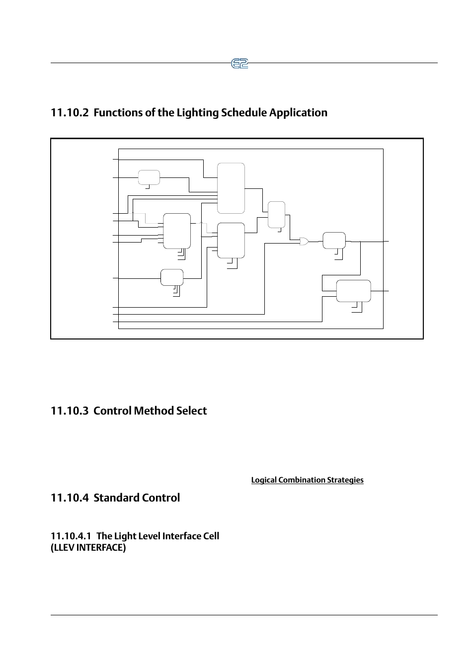 2 functions of the lighting schedule application, 3 control method select, 4 standard control | 1 the light level interface cell (llev interface), Logical combination strategies, Lighting schedules software overview, Lighting schedule module cell diagram | Emerson E2 User Manual | Page 173 / 273