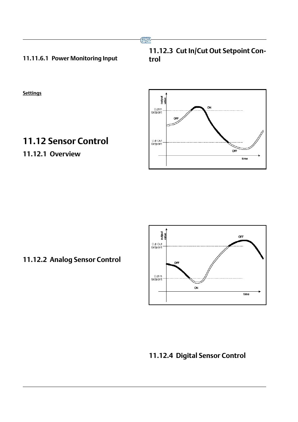 1 power monitoring input, Settings, 12 sensor control | 1 overview, 2 analog sensor control, 3 cut in/cut out setpoint control, 4 digital sensor control, 1 power monitoring input -38, 12 s, Ensor | Emerson E2 User Manual | Page 180 / 273