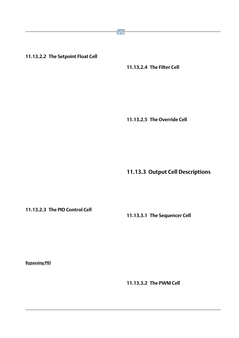 2 the setpoint float cell, 3 the pid control cell, Bypassing pid | 4 the filter cell, 5 the override cell, 3 output cell descriptions, 1 the sequencer cell, 2 the pwm cell, 3 output cell descriptions -41 | Emerson E2 User Manual | Page 183 / 273