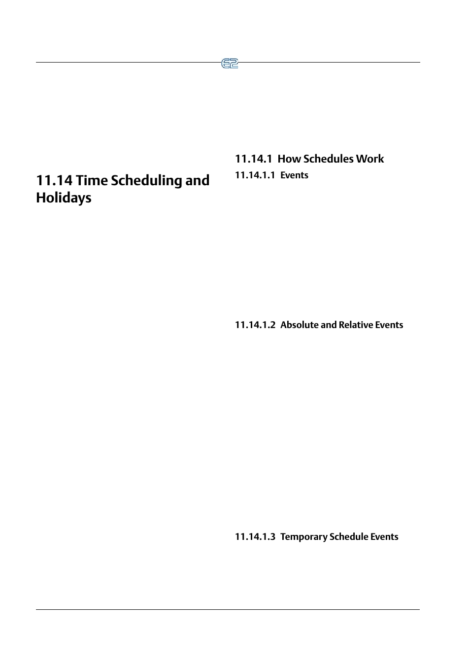 14 time scheduling and holidays, 1 how schedules work, 1 events | 2 absolute and relative events, 3 temporary schedule events, 14 t, Cheduling, Olidays, 1 how schedules work -42 | Emerson E2 User Manual | Page 184 / 273