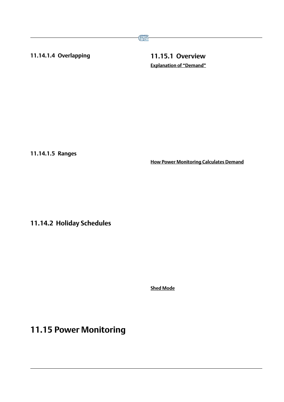 4 overlapping, 5 ranges, 2 holiday schedules | 15 power monitoring, 1 overview, Explanation of “demand, How power monitoring calculates demand, Shed mode, 4 overlapping -43 11.14.1.5 ranges -43, 2 holiday schedules -43 | Emerson E2 User Manual | Page 185 / 273