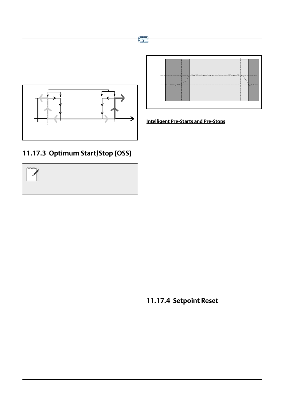 3 optimum start/stop (oss), Intelligent pre-starts and pre-stops, 4 setpoint reset | Emerson E2 User Manual | Page 188 / 273