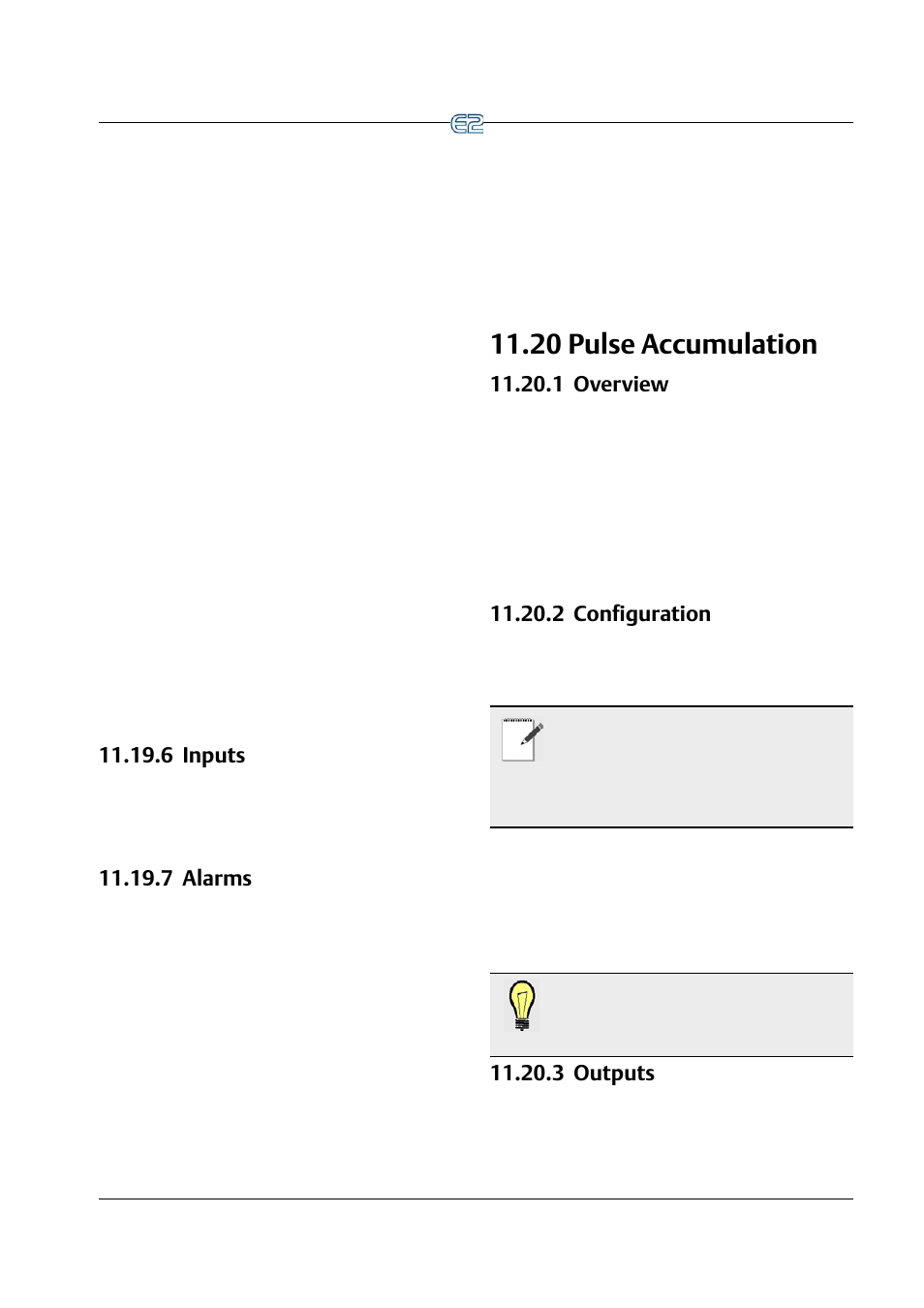6 inputs, 7 alarms, 20 pulse accumulation | 1 overview, 2 configuration, 3 outputs, 6 inputs -49 11.19.7 alarms -49, 20 p, Ulse, Ccumulation | Emerson E2 User Manual | Page 191 / 273