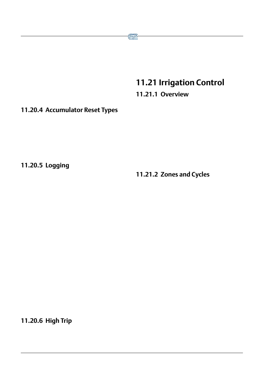 4 accumulator reset types, 5 logging, 6 high trip | 21 irrigation control, 1 overview, 2 zones and cycles, 21 i, Rrigation, Ontrol, 1 overview -50 11.21.2 zones and cycles -50 | Emerson E2 User Manual | Page 192 / 273