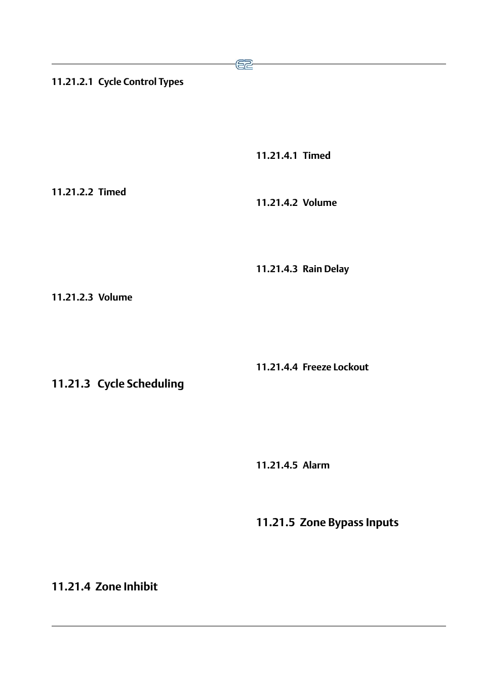 1 cycle control types, 2 timed, 3 volume | 3 cycle scheduling, 4 zone inhibit, 1 timed, 2 volume, 3 rain delay, 4 freeze lockout, 5 alarm | Emerson E2 User Manual | Page 193 / 273