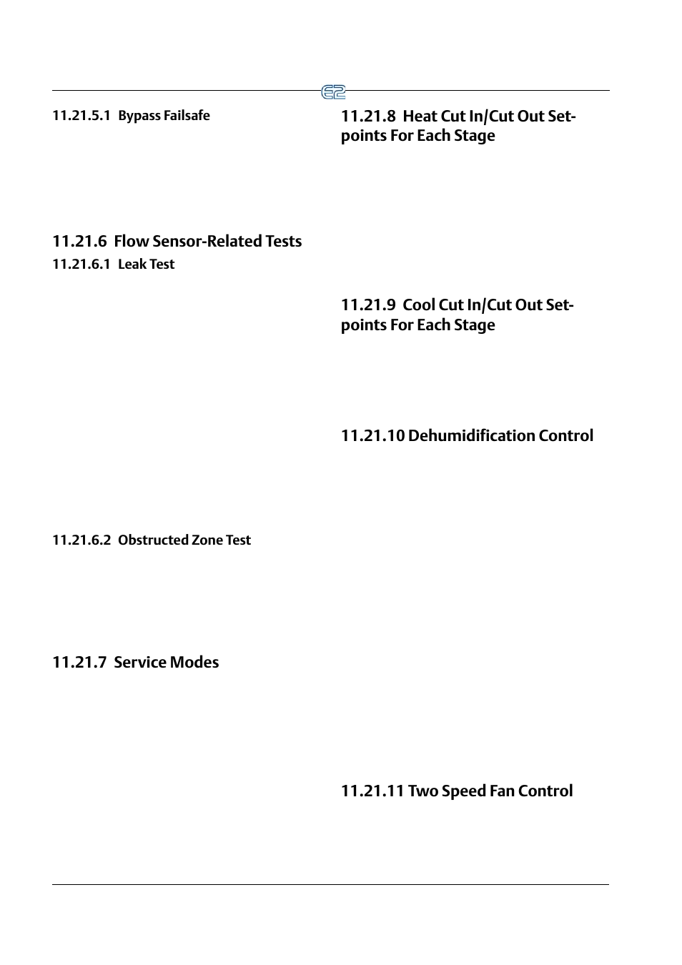1 bypass failsafe, 6 flow sensor-related tests, 1 leak test | 2 obstructed zone test, 7 service modes, 8 heat cut in/cut out setpoints for each stage, 9 cool cut in/cut out setpoints for each stage, 10 dehumidification control, 11 two speed fan control, 1 bypass failsafe -52 | Emerson E2 User Manual | Page 194 / 273