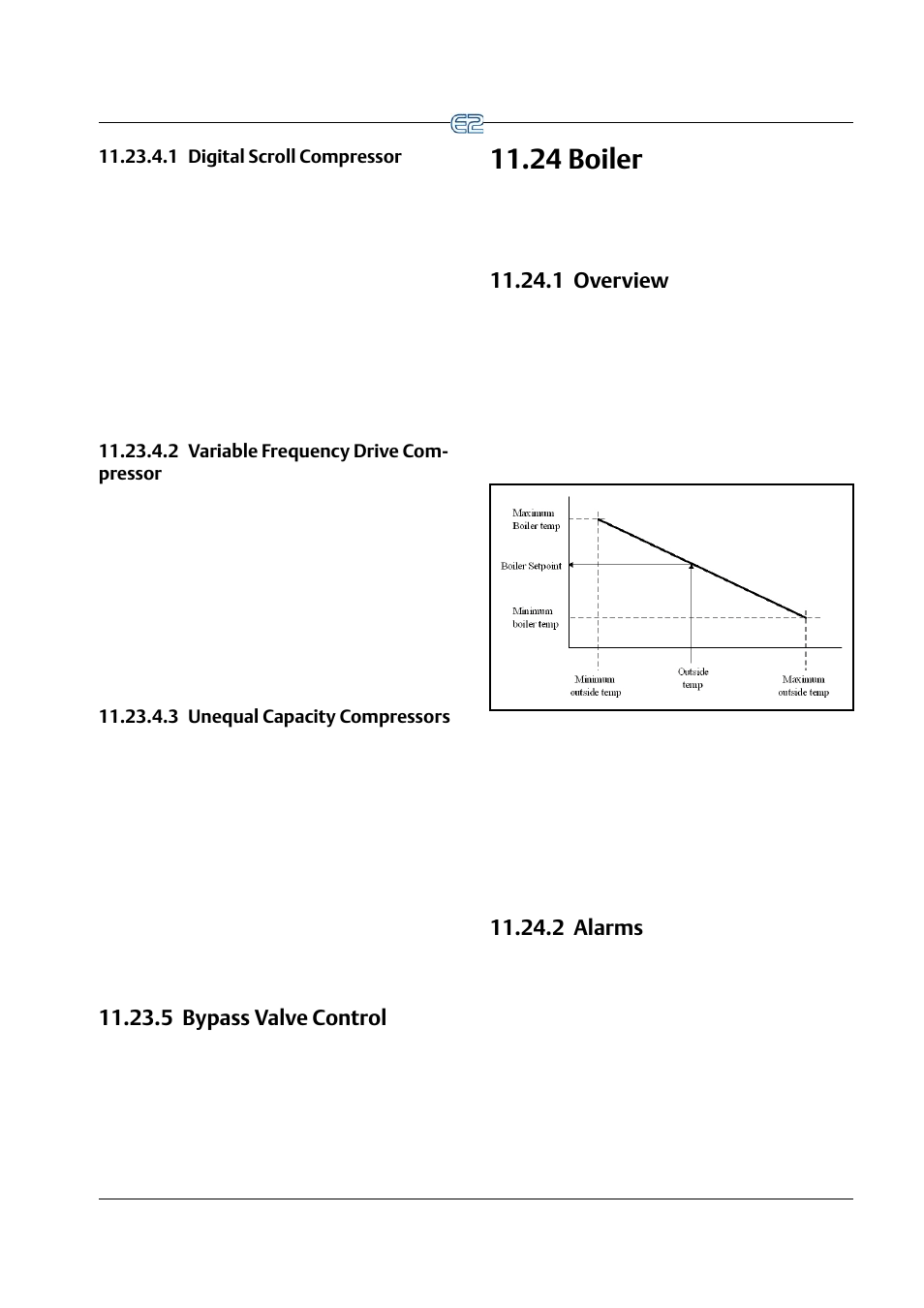 1 digital scroll compressor, 2 variable frequency drive compressor, 3 unequal capacity compressors | 5 bypass valve control, 24 boiler, 1 overview, 2 alarms, 5 bypass valve control -55, 24 b, Oiler | Emerson E2 User Manual | Page 197 / 273