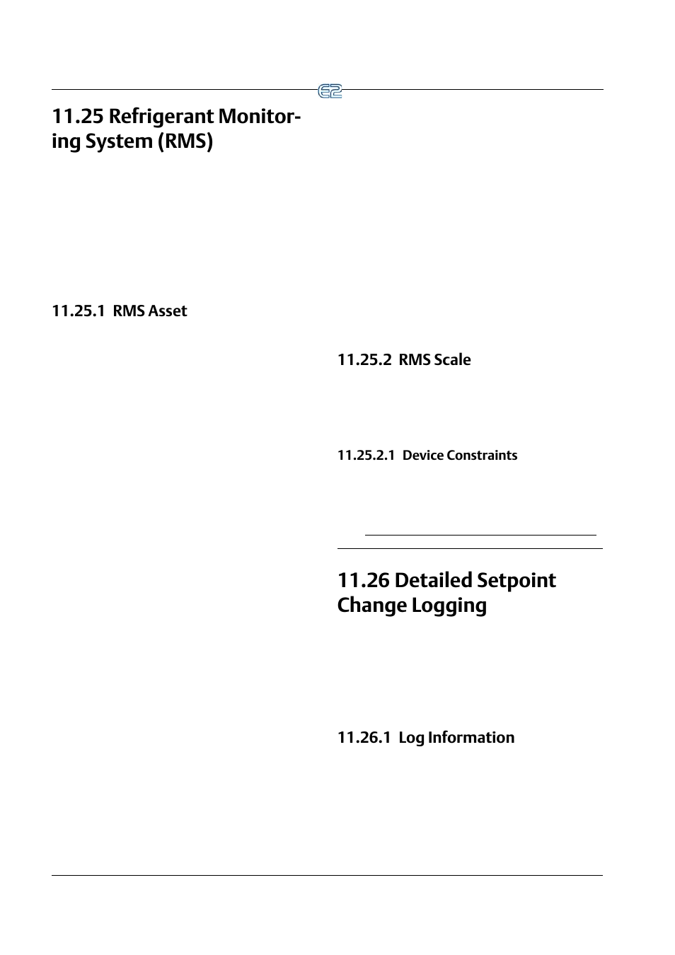 25 refrigerant monitoring system (rms), 1 rms asset, 2 rms scale | 1 device constraints, 26 detailed setpoint change logging, 1 log information, 25 r, Efrigerant, Onitoring, Ystem | Emerson E2 User Manual | Page 198 / 273