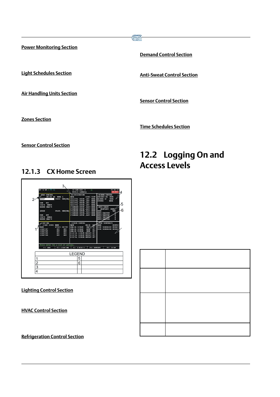 Power monitoring section, Light schedules section, Air handling units section | Zones section, Sensor control section, 3 cx home screen, Lighting control section, Hvac control section, Refrigeration control section, Demand control section | Emerson E2 User Manual | Page 202 / 273