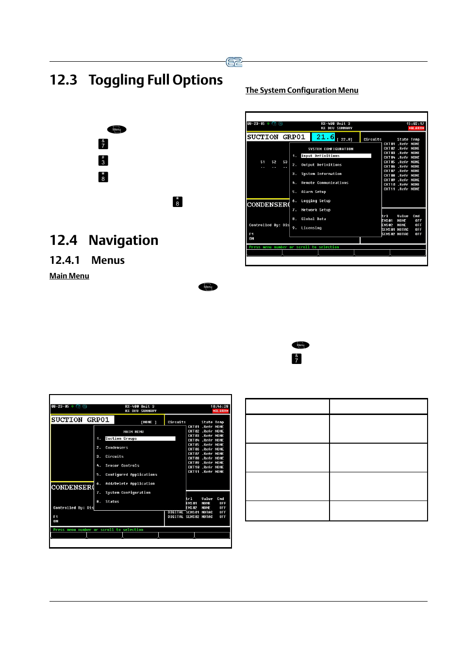 3 toggling full options, 4 navigation, 1 menus | Main menu, The system configuration menu, Oggling, Ptions, Avigation, 1 menus -3 | Emerson E2 User Manual | Page 203 / 273