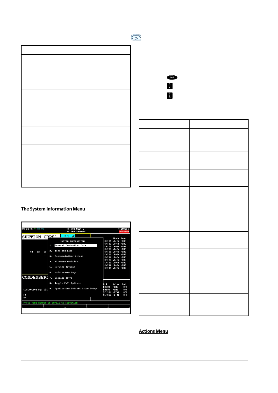 The system information menu, Actions menu | Emerson E2 User Manual | Page 204 / 273