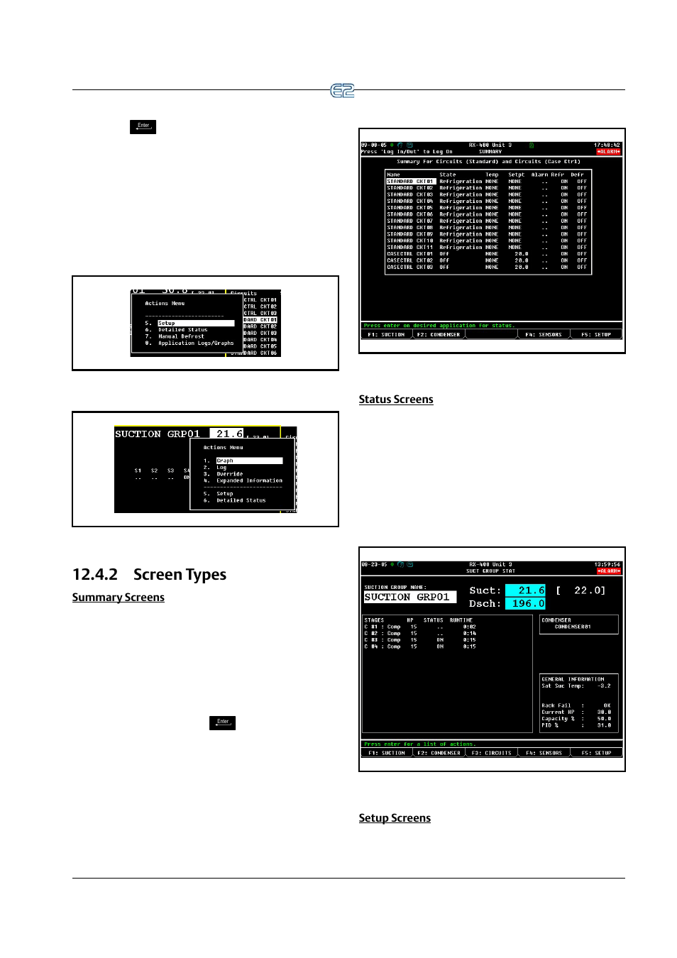 2 screen types, Summary screens, Status screens | Setup screens, 2 screen types -5 | Emerson E2 User Manual | Page 205 / 273