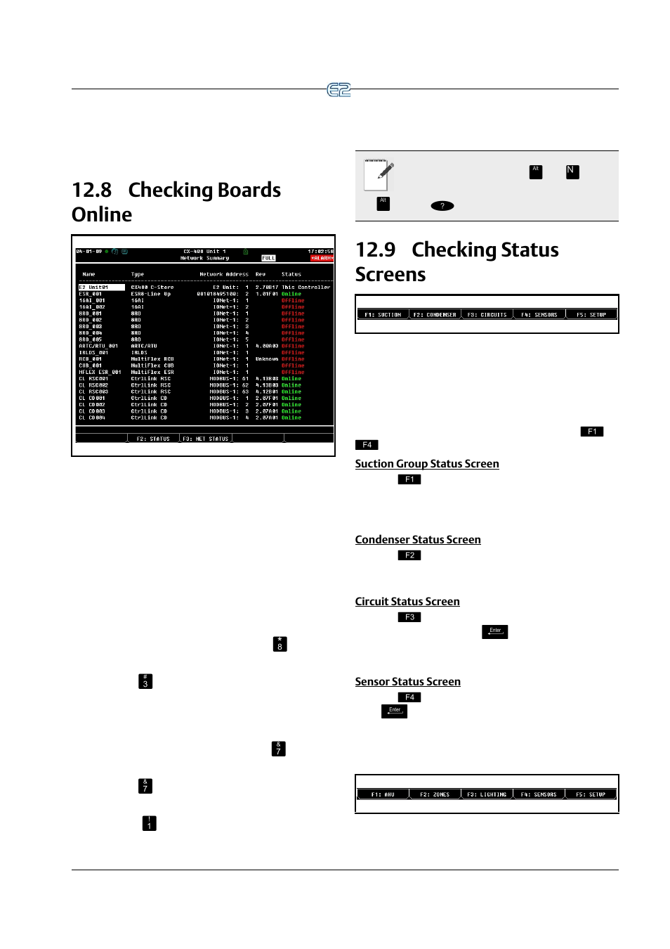 8 checking boards online, 9 checking status screens, Suction group status screen | Condenser status screen, Circuit status screen, Sensor status screen, Hecking, Oards, Nline, Tatus | Emerson E2 User Manual | Page 211 / 273